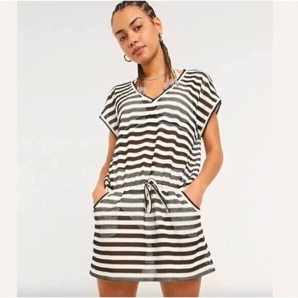 Calvin Klein Swim Cover Up Dress Black White Stripe Nautical Stretch Size Small - Picture 2 of 13